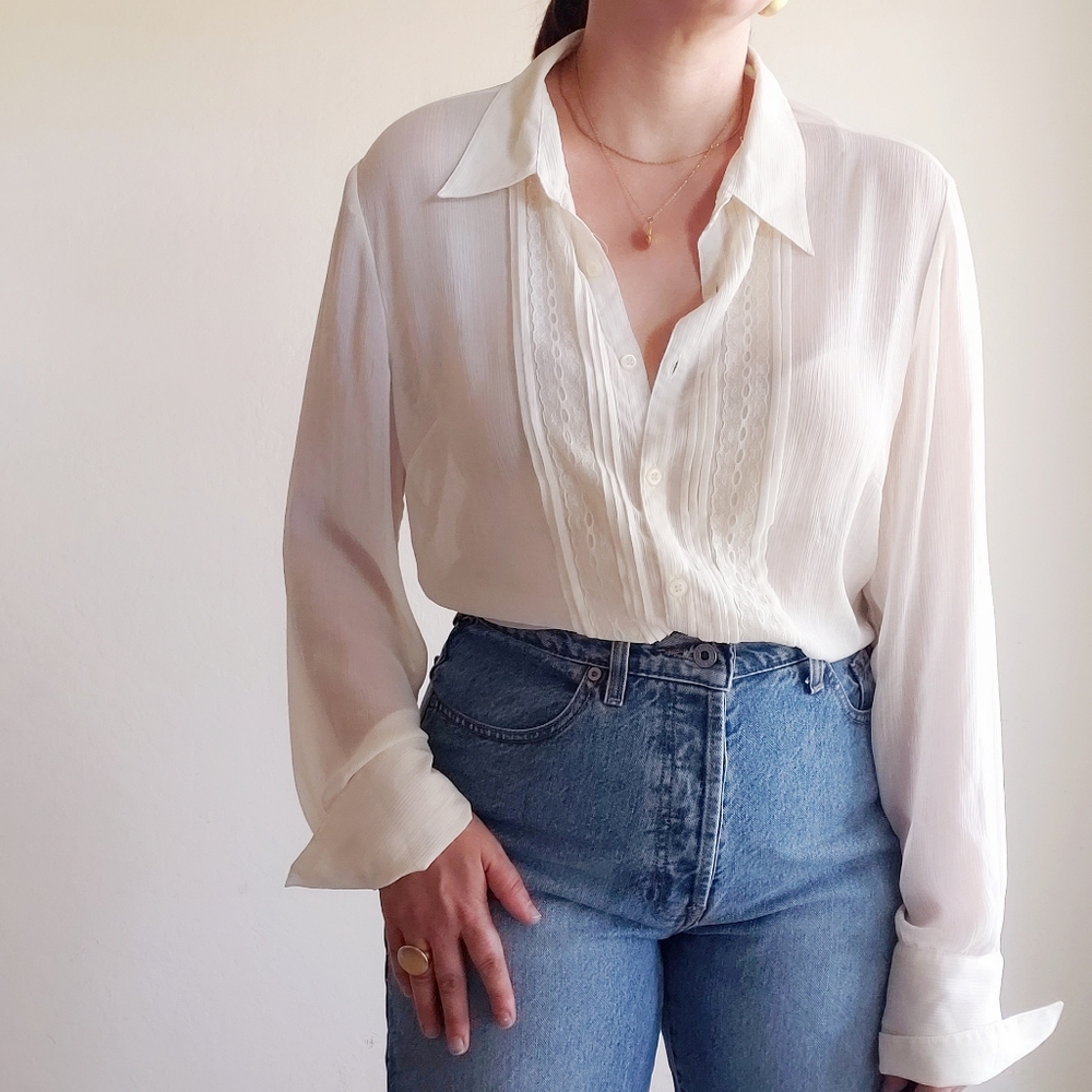 Vintage Gauzy Sheer Cream Blouse 90's Button Down - Picture 1 of 12